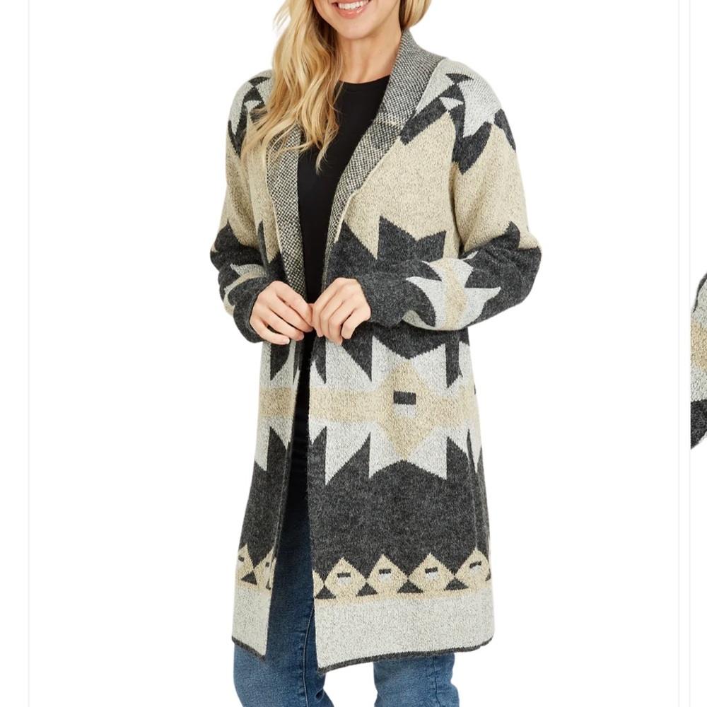 Baciano Geometric Print Open Front Sweater Jacket | 1XL